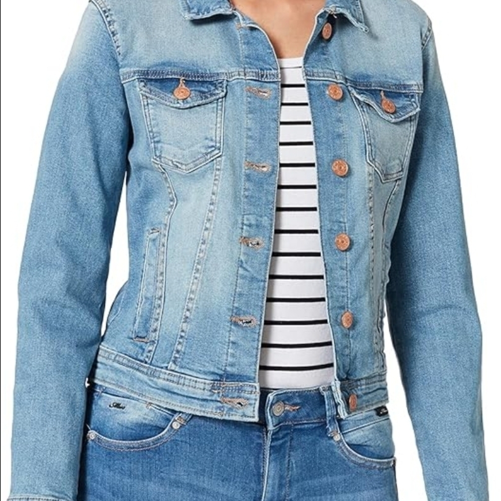 Only Light Blue Jean Jacket Stretchy Rose Gold Buttons Sz UK 36
